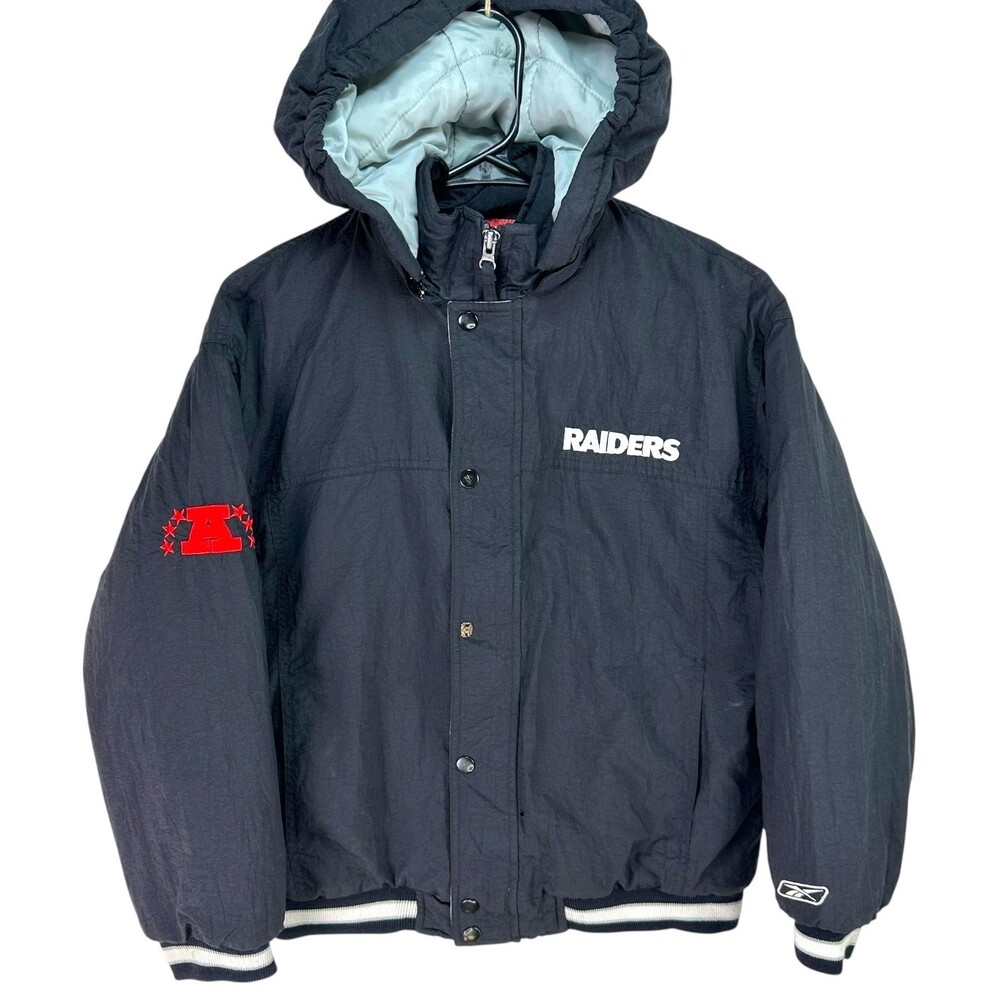 Reebok Raiders Black Puffer Jacket Kids L 14 16 NFL Football Team Hooded